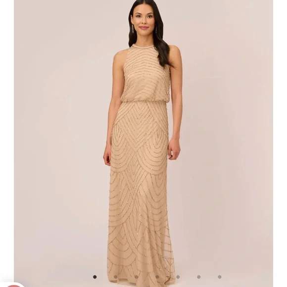 Adrianna Papell | Dresses | Art Deco Beaded Blouson Dress With Halter Neckline In Champagne Gold | Poshmark Adrianna Papell | Dresses | Art Deco Beaded Blouson Dress With Halter Neckline In Champagne Gold | Poshmark